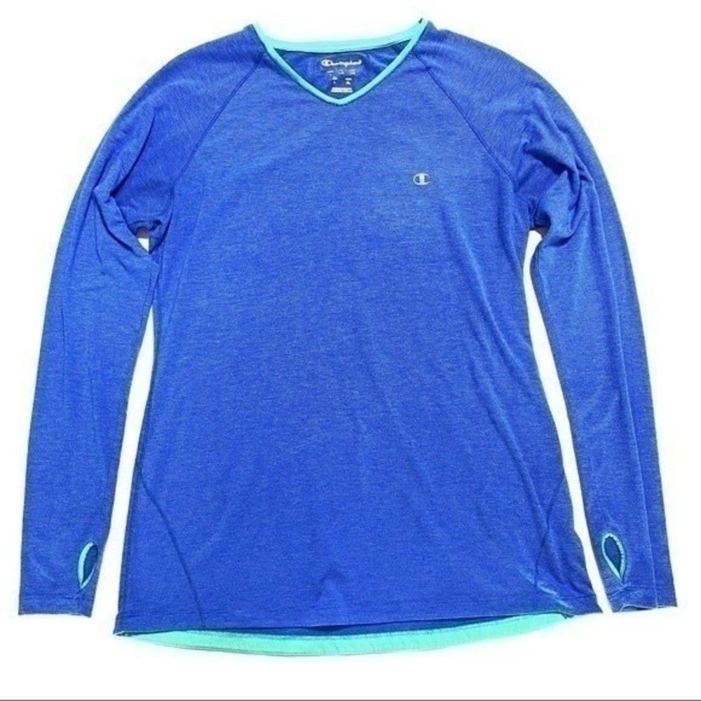Champion womens size Large blue stripes long sleeved top with thumb hole 150B3